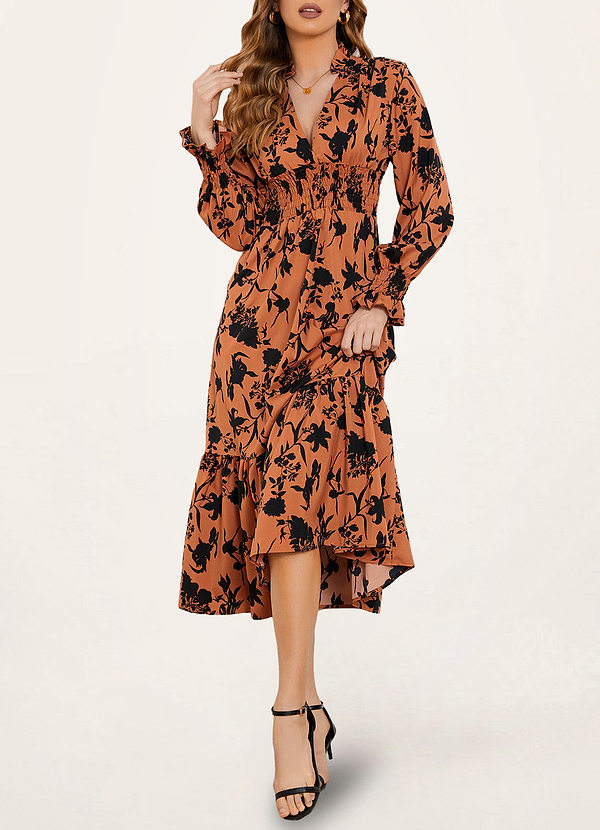 front Montrose Naranja Vestido midi de manga larga con estampado floral