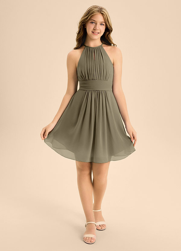 Azazie Bonnie Junior Vestido de Verde Sauce de Gasa de Corte En A con Plisado image1