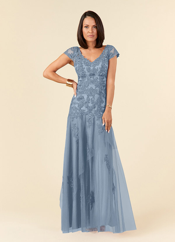 Azazie Romy Dusty Blue Mermaid V-Neck Sequins Tulle Dress | Azazie