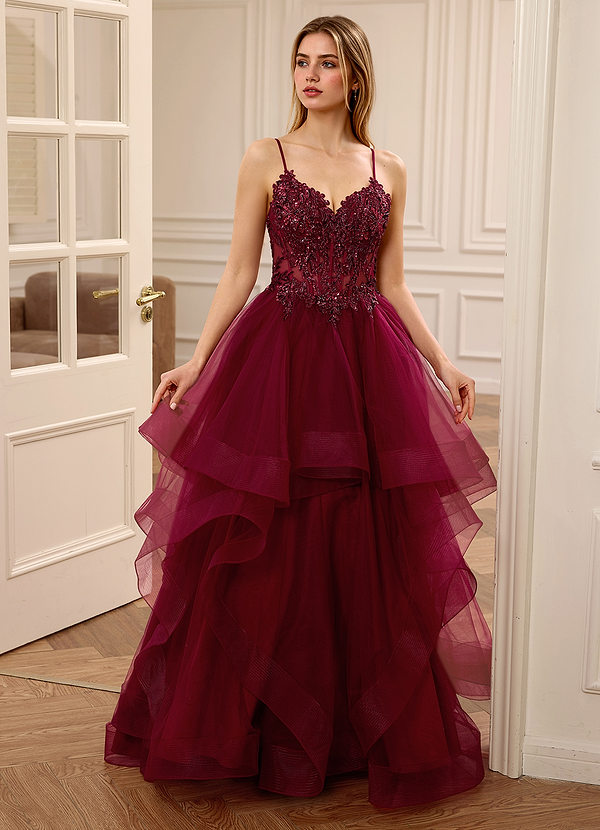 Zinnia Borgogna Abito da ballo a trapezio con scollo a V e volant in tulle image1