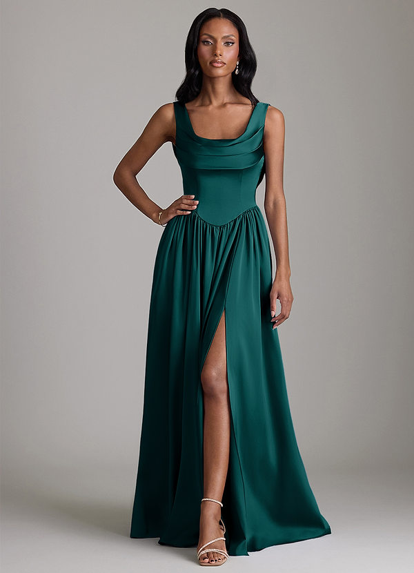 Azazie Novi Bridesmaid Dresses Peacock A-Line with Pockets Stretch Satin Dress image1