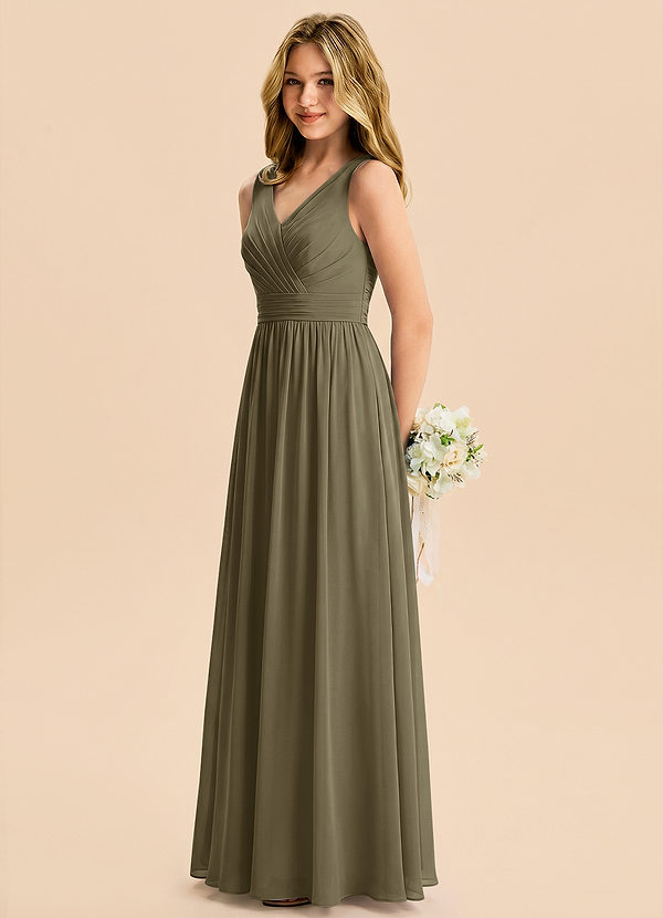 Azazie Kora Junior Vestido Verde Sauce de Gasa de Corte en A con Plisado image1
