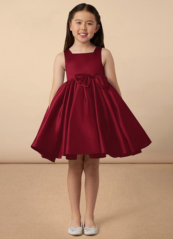 Azazie Bo Peep Flower Girl Dresses Burgundy A-Line Bow Matte Satin Dress image1