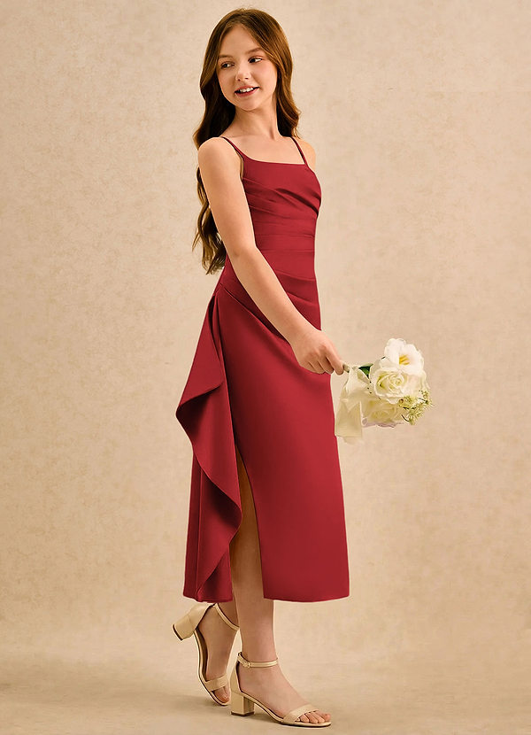 Azazie Canna Girls Formal Sukienki dla dziewczynek sypiących kwiaty Linia A Pofałdowany Satyna elastyczna Długość herbaty Sukienka image1