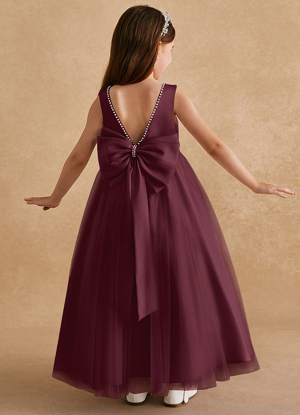 Azazie Cookie Robes de Fillette d'Honneur Robe Trapèze en Tulle Arc Cabernet image1