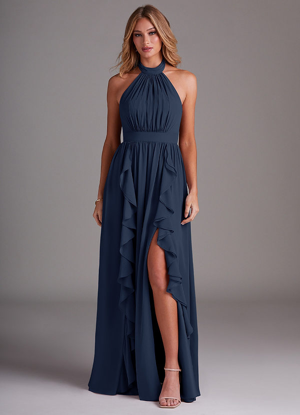 Azazie Avary Robes Demoiselle d'honneur Robe Trapèze en Mousseline de soie Plissée Bleu Marine Foncé image1