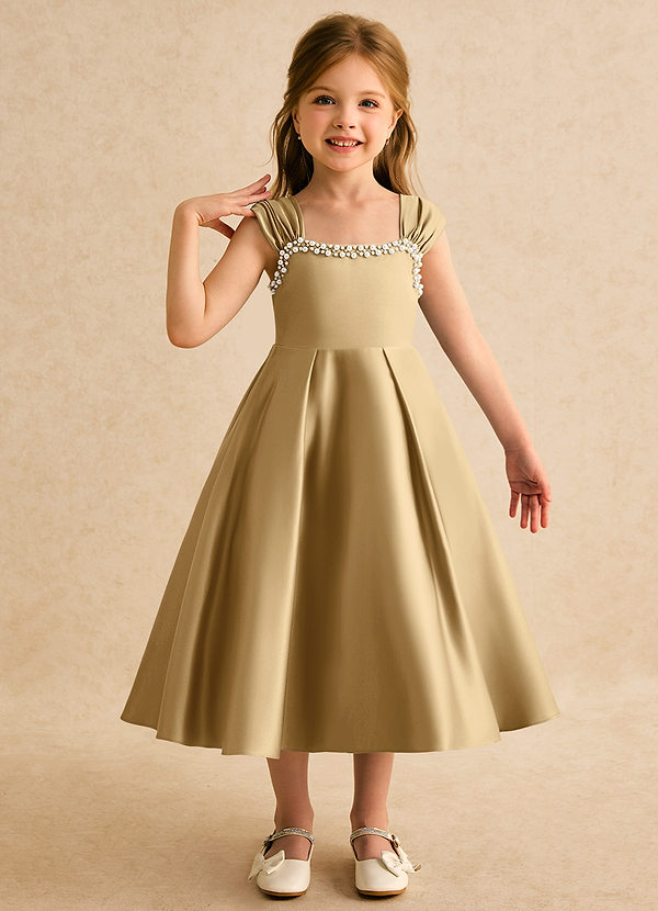 Azazie Yosemite Flower Girl Dresses Gold Ball-Gown Sweetheart Neckline Matte Satin Dress image1