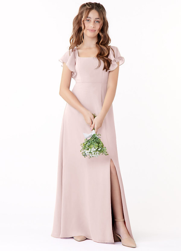 Azazie Bondi Junior Blushing Pink A-Line Bow Chiffon Dress image1