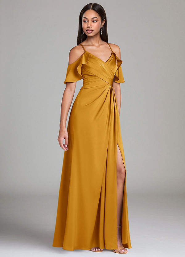 Azazie Dakota Bridesmaid Dresses Butterscotch A-Line Off the Shoulder Stretch Satin Dress image1