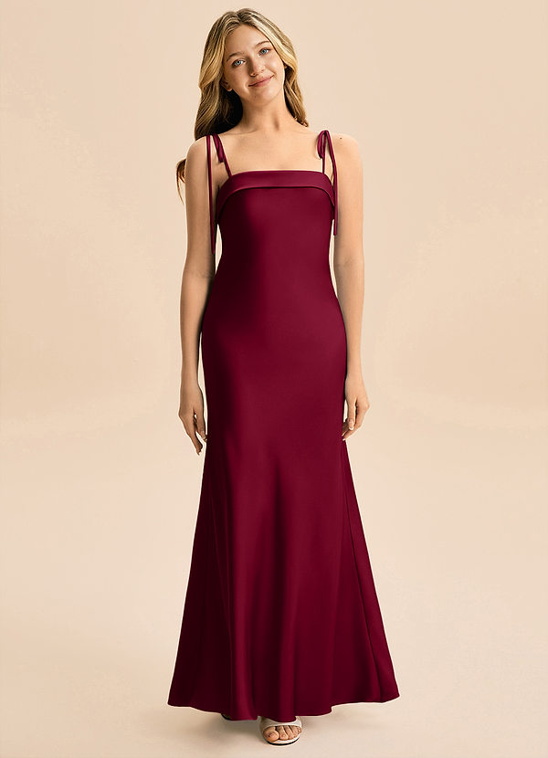 Azazie Willa Junior Burgundy A-Line Bow Stretch Satin Dress image1