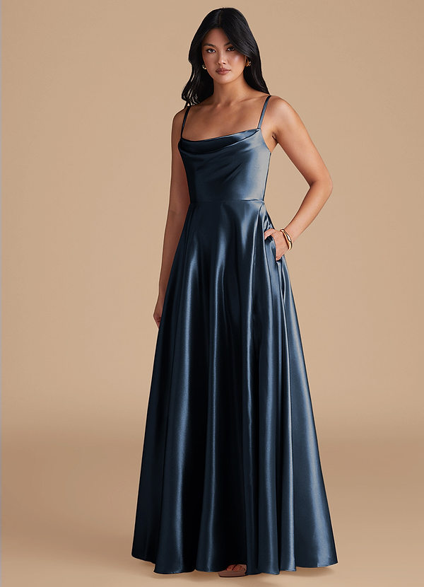 Azazie Elle Bridesmaid Dresses Dark Navy A-Line with Pockets Metallic Satin Dress image1
