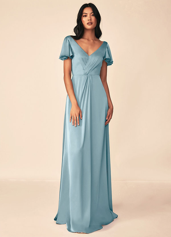 Azazie Soren Bridesmaid Dresses Moody Blue A-Line Pleated Stretch Satin Dress image1