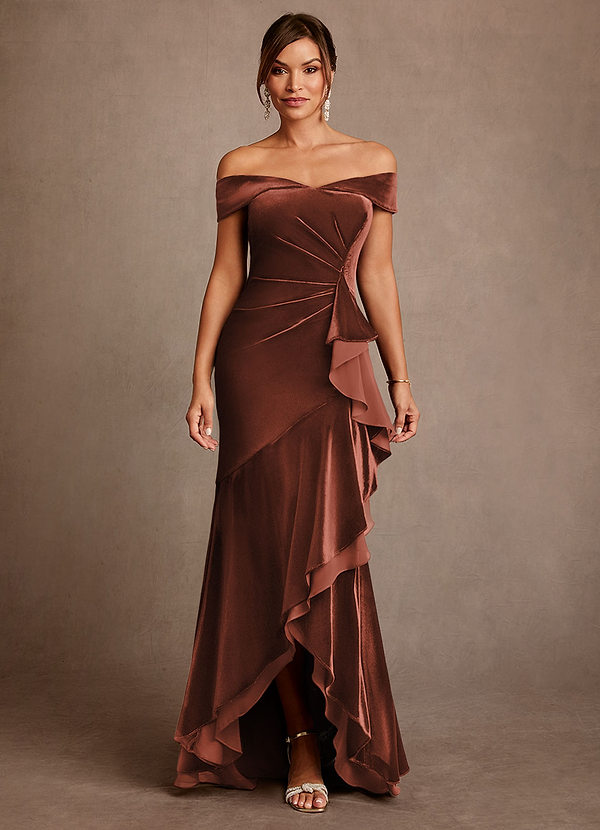 Azazie Billings Klänningar till brudens mor Klä Sjöjungfru i sammet Av axeln Terrakotta image1