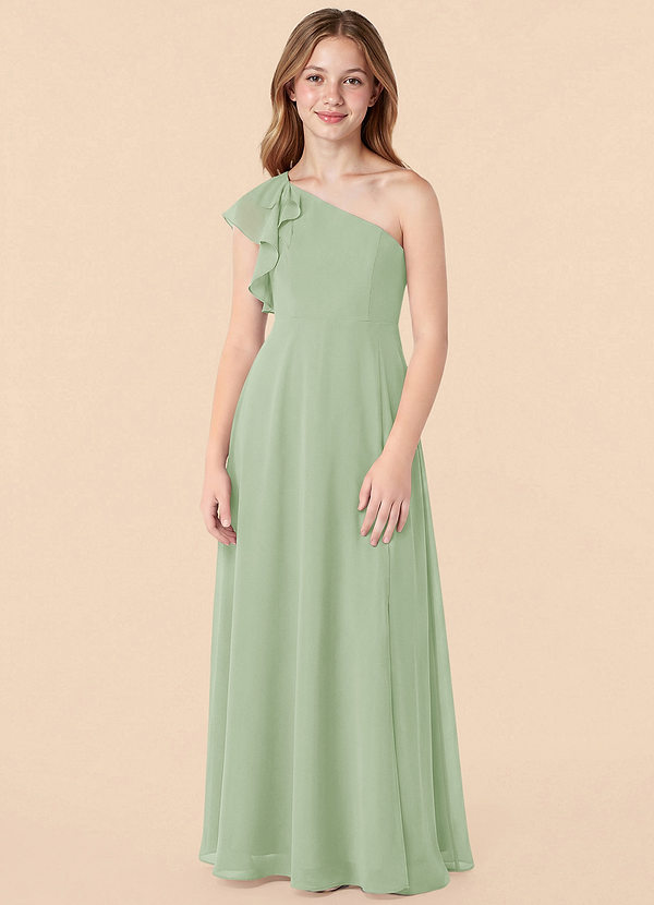 Azazie Arabella Junior Robe Trapèze en Mousseline de soie Rayé Vert Sauge image1