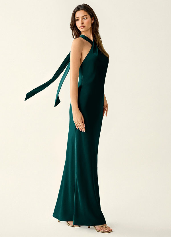 Manllanda Påfågelblå Balklänning i satin med rosetter image1