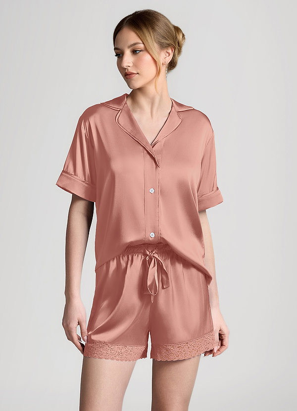 front Rosette Satin Lace Trim Short Sleeve Pajama Set