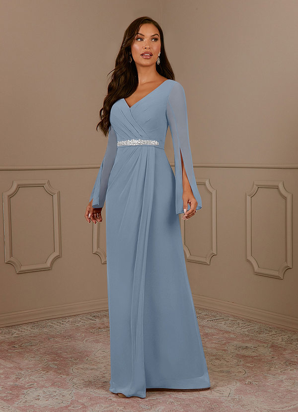 Azazie Belinda Mother of the Brides Dresses Dusty Blue A-Line V-Neck Pleated Chiffon Dress image1