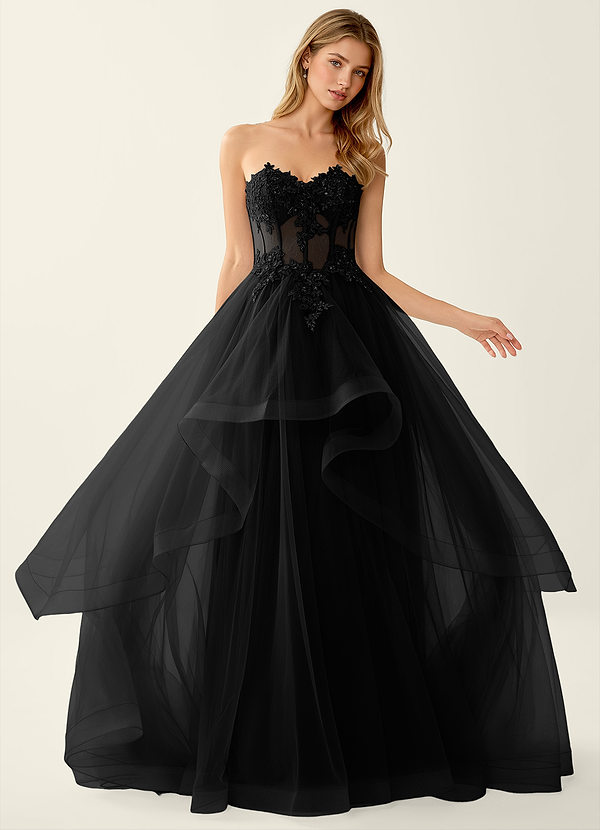 Anais Black Corset Lace Up Back Lace Ruffled Prom Dress image1