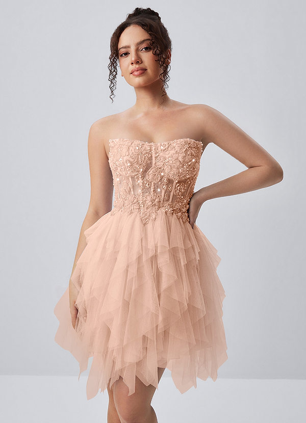 Madeline Roze Strapless mini-jurk van tule met 3D-bloemenprint en vetersluiting image1