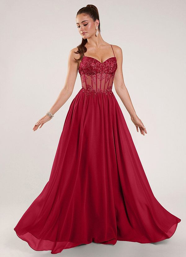 Thalyago Borgogna Abito da ballo in chiffon satinato con perline e pizzo. image1