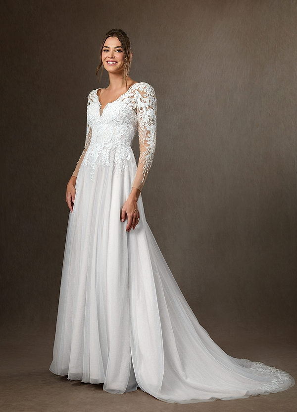 Azazie Essy Wedding Dresses Diamond White A-Line V-Neck Sequins Tulle Dress image1
