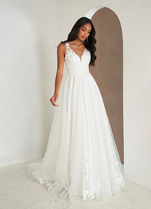 Azazie Glinda Wedding Dresses A-Line Sequins Matte Satin Chapel Train Dress image1