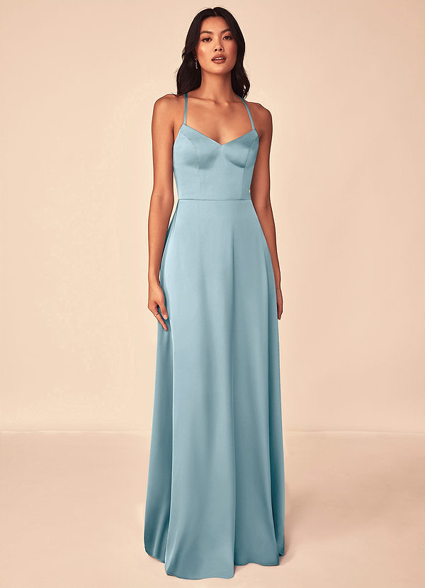 Azazie Mei Brautjungfernkleider A-Linie V-Hals Stretch-Satin Kleid Stimmungsvolles Blau image1