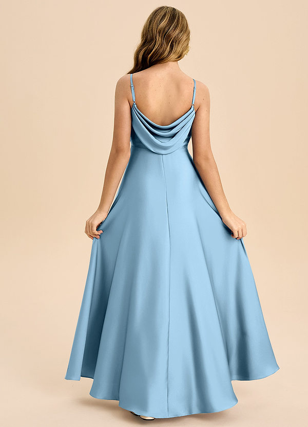 Azazie Bug Junior Robe Trapèze en Satin extensible Plissée Acier Bleuté image1