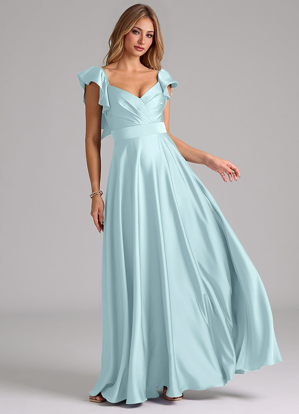 Azazie Leilani Robes Demoiselle d'honneur Robe Trapèze en Satin extensible Rayé Bleu Nuage image1