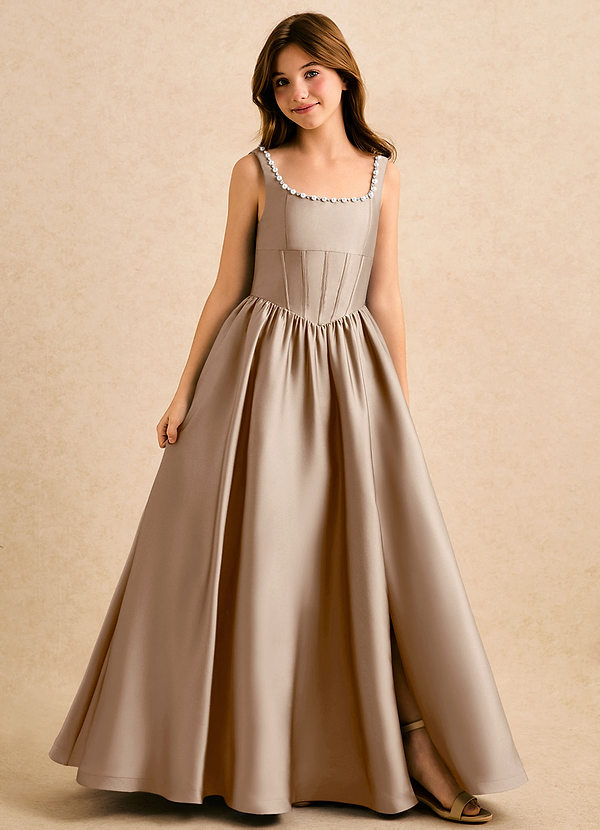 Azazie Enid Girls Formal Sukienki dla dziewczynek sypiących kwiaty Linia A Zroszony Satyna elastyczna Długość podłogi Sukienka image1