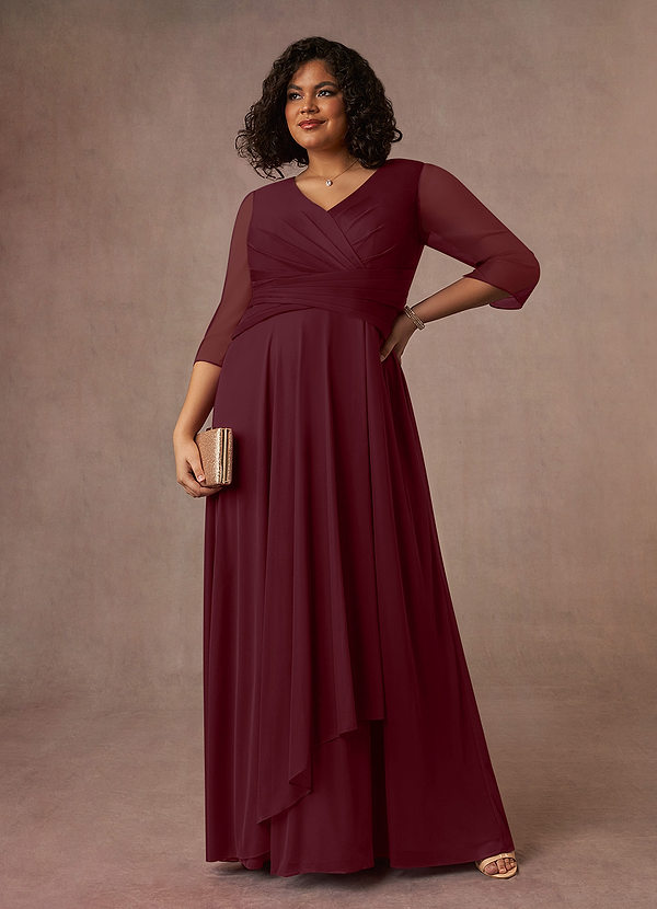 Azazie Annetta Mother of the Bride Dresses Cabernet A-Line V-Neck Pleated Mesh Dress image1