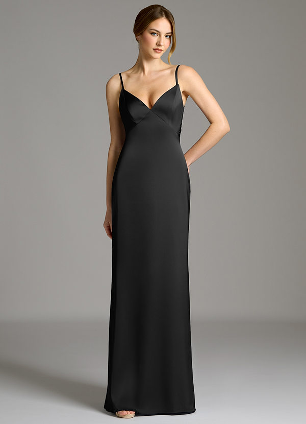 Azazie Adriane 신부 들러리 드레스 쉬스 절하다 스트레치 새틴 바닥 길이 드레스 image1