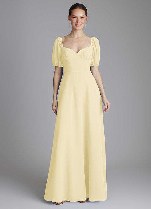 Azazie Fatima Robes Demoiselle d'honneur Robe Trapèze en Mousseline de soie avec poches Sorbet Citron image1