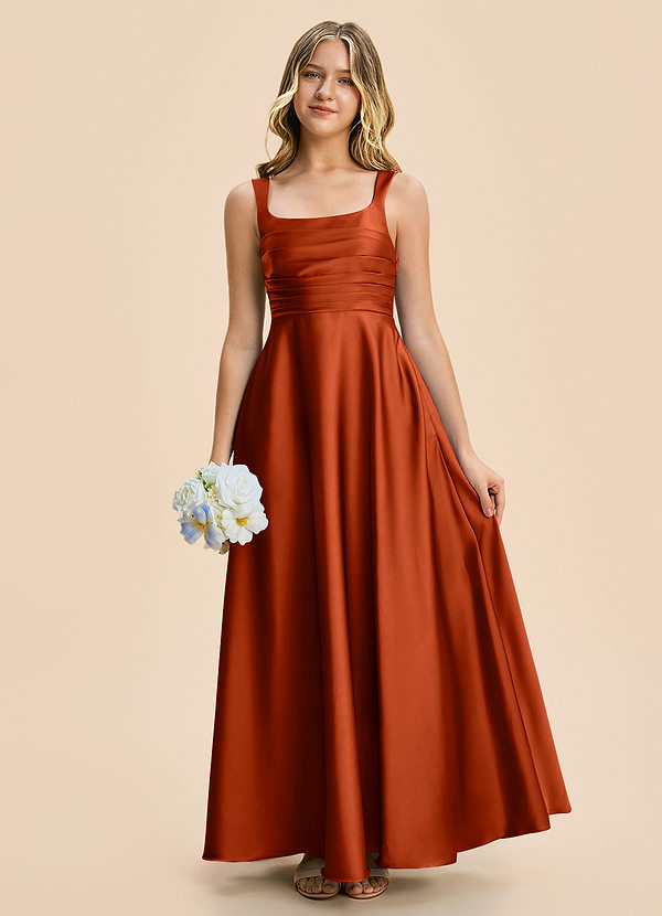 Azazie Azaria Junior Paprika A-Line Pleated Stretch Satin Dress image1