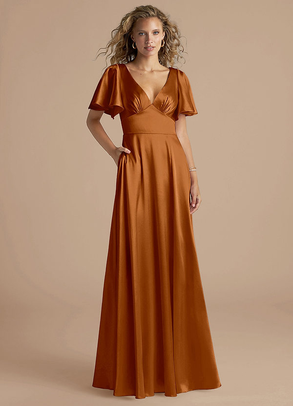 Azazie Kimber Bridesmaid Dresses Copper A-Line Ruched Metallic Satin Dress image1
