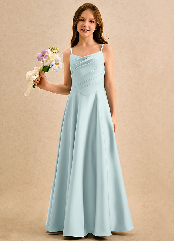 Azazie Coconut Girls Formal Flower Girl Dresses Mist A-Line Pleated Stretch Satin Dress image1