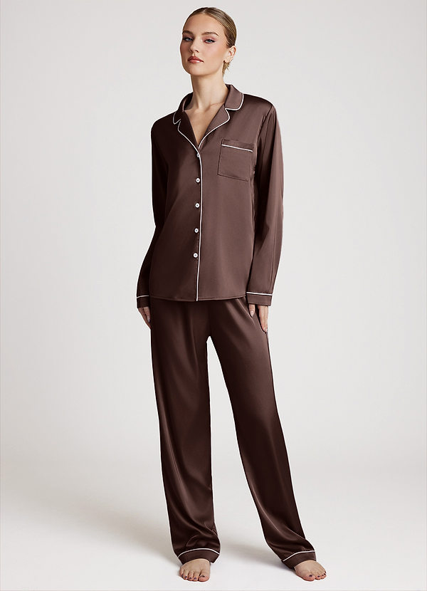 front Ganache Long Sleeves and Pants Satin PJ Set