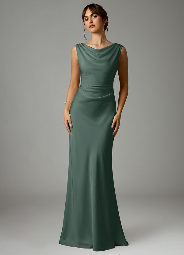 Azazie Kieryn 신부 들러리 드레스 인어 주름진 스트레치 새틴 바닥 길이 드레스 image1