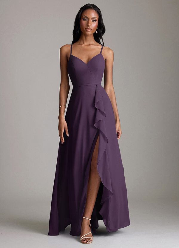 Azazie Naeem Bridesmaid Dresses Plum A-Line V-Neck Ruffle Chiffon Dress image1
