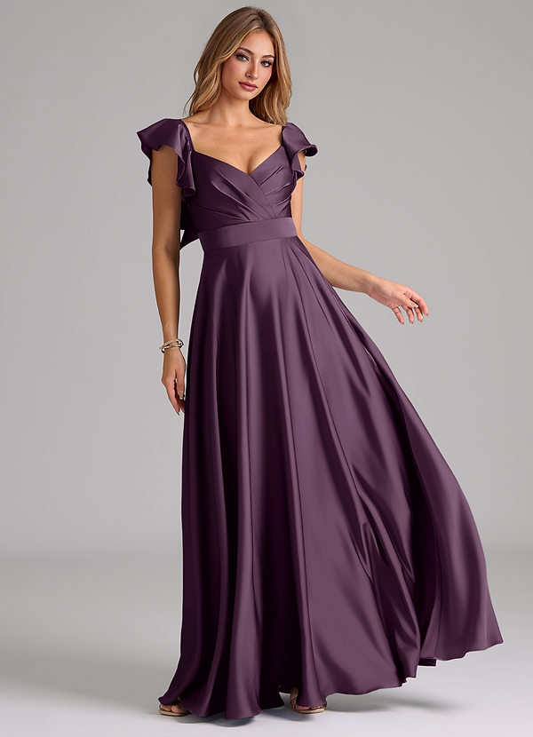 Azazie Leilani Bridesmaid Dresses Plum A-Line Ruched Stretch Satin Dress image1