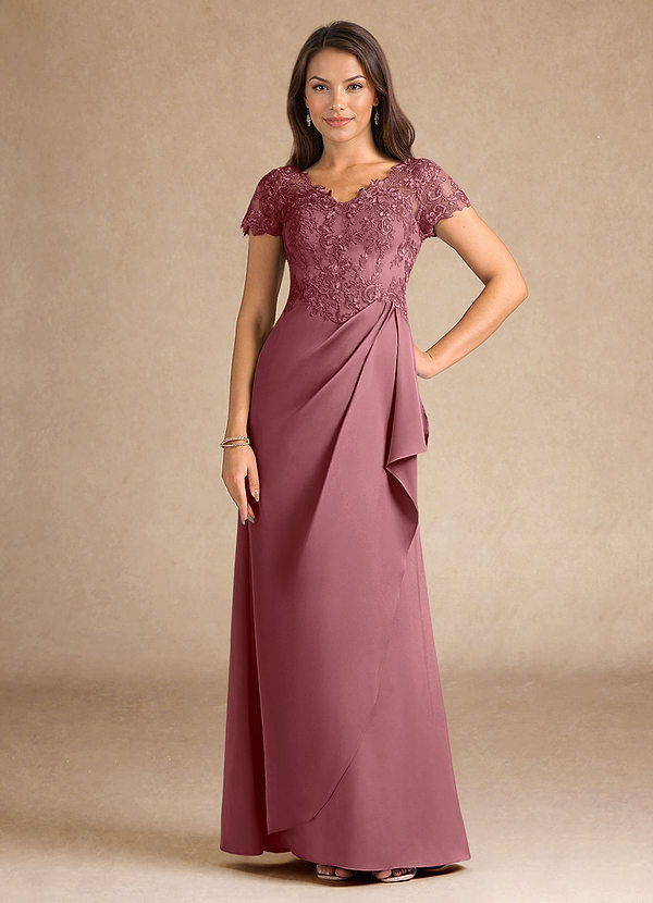 Azazie Santa Ana Mother of the Brides Dresses Desert Rose A-Line Lace Stretch Satin Dress image1