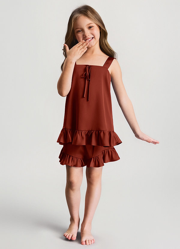 front Terracotta Pyjamaset voor meisjes: satijnen top met ruches en shortje