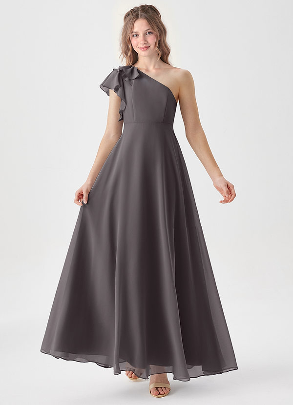 Azazie Arabella Junior Steel Grey A-Line Ruched Chiffon Dress image1