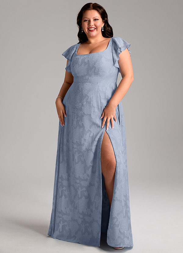 Azazie Bondi Bridesmaid Dresses Dusty Blue A-Line Side Slit Floral Burnout Dress image1