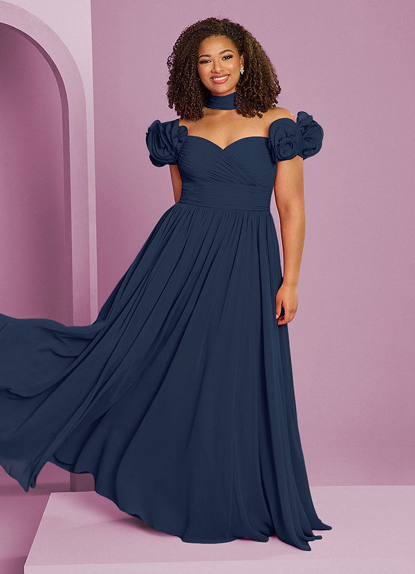 Barbie ♥ Azazie Bruidsmeisjes Jurken Converteerbaar Jurk van Chiffon met A-Lijn Off the Shoulder Donkere Marine image1