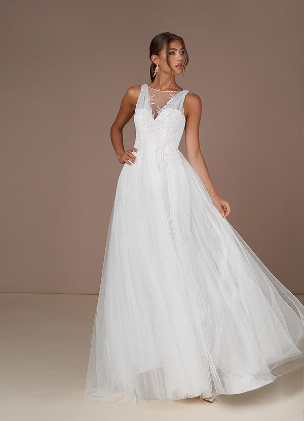 Azazie Adams Wedding Dresses A-Line Sequins Tulle Chapel Train Dress image1
