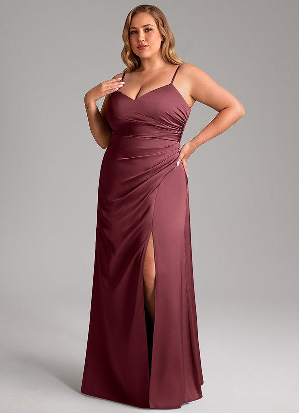 Azazie Azuree Bruidsmeisjes Jurken Jurk van Stretch Satijn met A-Lijn Geplooid Merlot image1
