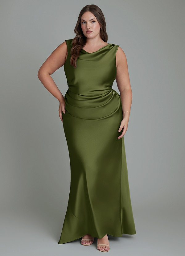 Azazie Kieryn Bridesmaid Dresses Olive Mermaid Pleated Stretch Satin Dress image1