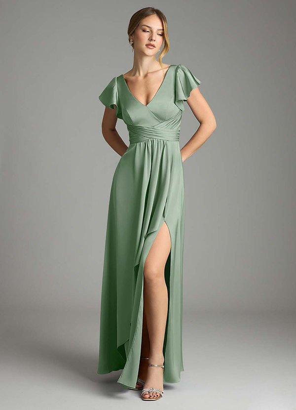 Azazie Omari Bridesmaid Dresses Matcha A-Line Stretch Satin Dress image1