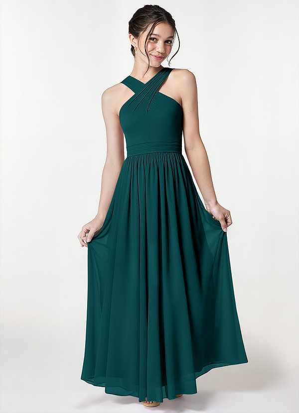 Azazie Jiya Junior Peacock A-Line Pleated Mesh Dress image1